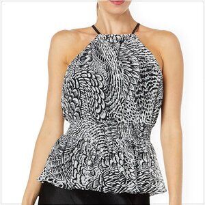 BCBGMaxAzria BCBG Black White Combo Pleated Peplum Smocked Waist Top NWT NEW S